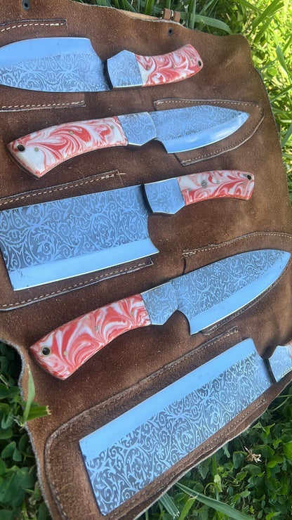 5 PCS Handmade D2 Steel Chef Knife Set With Resin Handle  Leather Bag 5