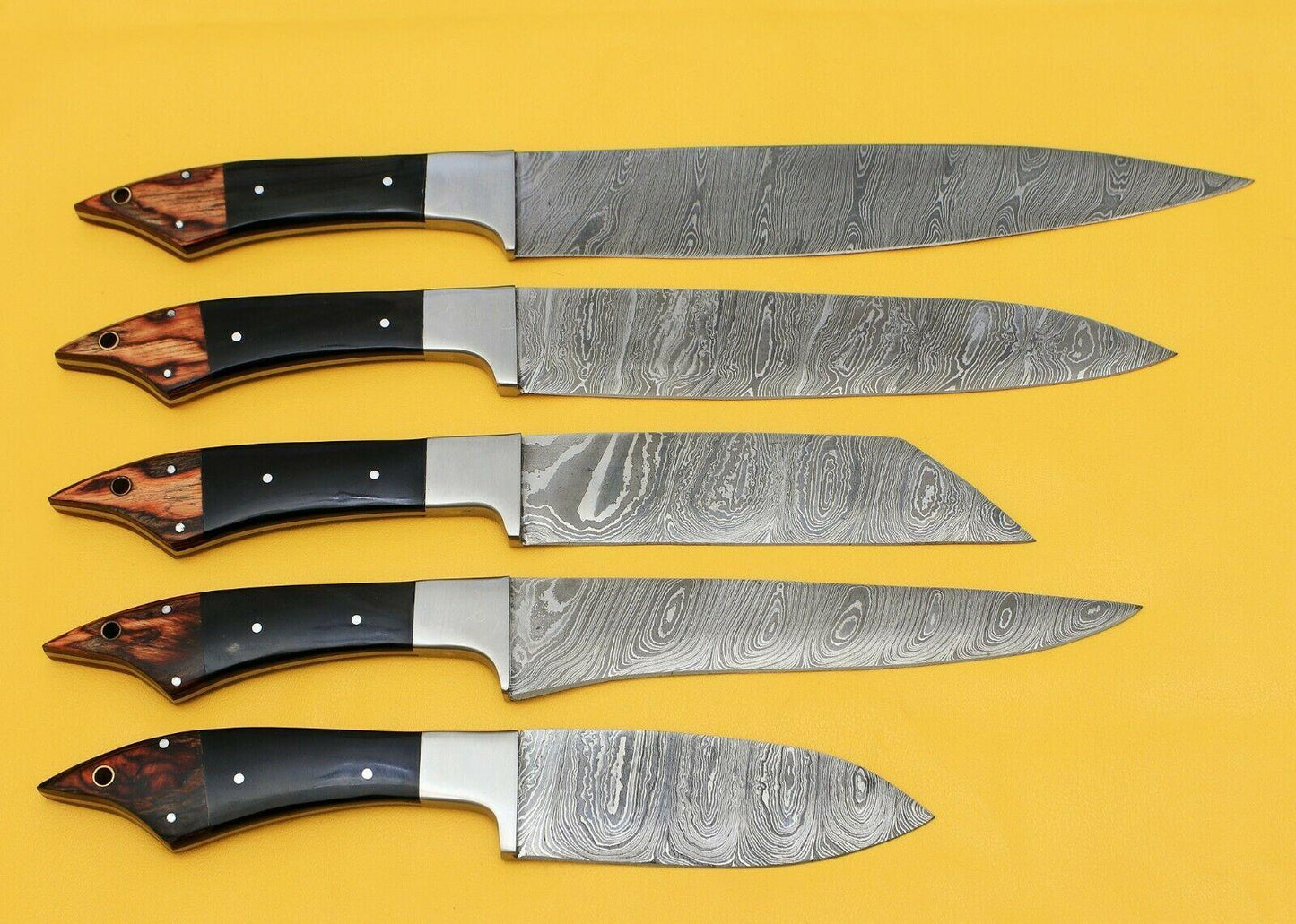 Handmade Damascus Chef Kitchen 5Piece Knife Set With Horn  Wood Handle 2