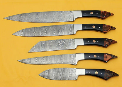 Handmade Damascus Chef Kitchen 5-Piece Knife Set with Horn & Wood Handle