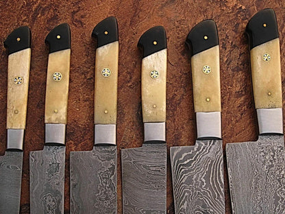 Custom Handmade Damascus Steel Kitchen Knife Set  Bone  Horn Handle 1