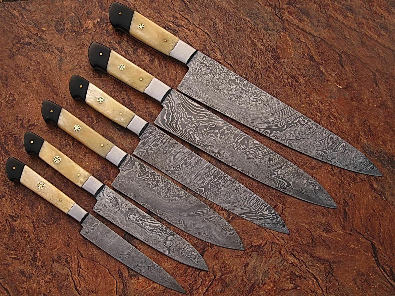 Custom Handmade Damascus Steel Kitchen Knife Set  Bone  Horn Handle 2