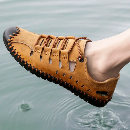 Comfortable Men Leather Sandals, Summer Outdoor Casual Shoes, Beach Walking Sneakers, Male Casual Sandals