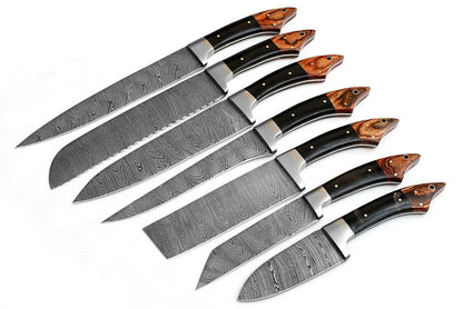 Handmade Damascus Steel 7Piece Chef Kitchen Knife Set  Wood  Horn Handle 1