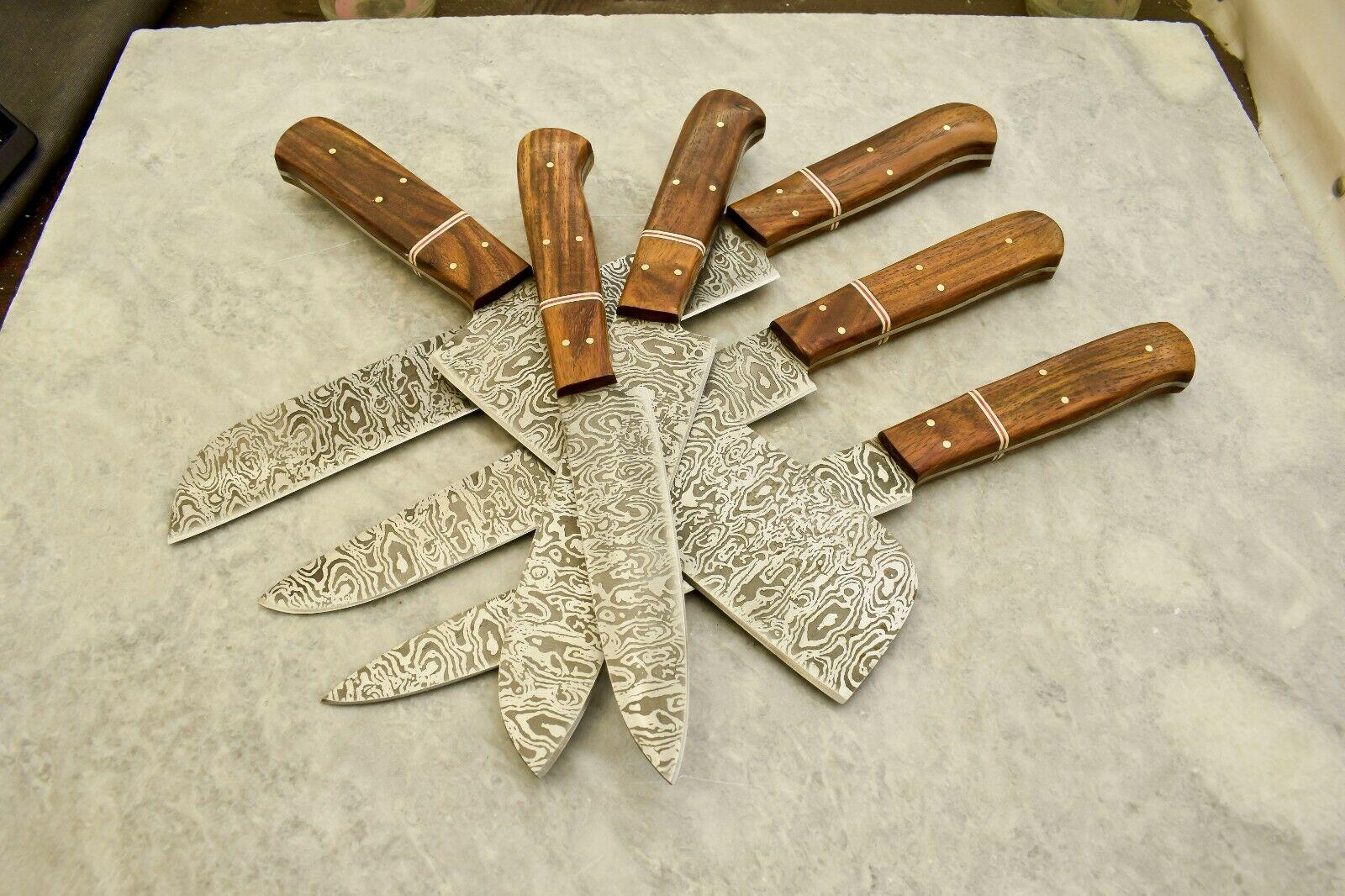 Handmade Damascus Etching Blade 5Piece Chef Knife Kitchen Set 3