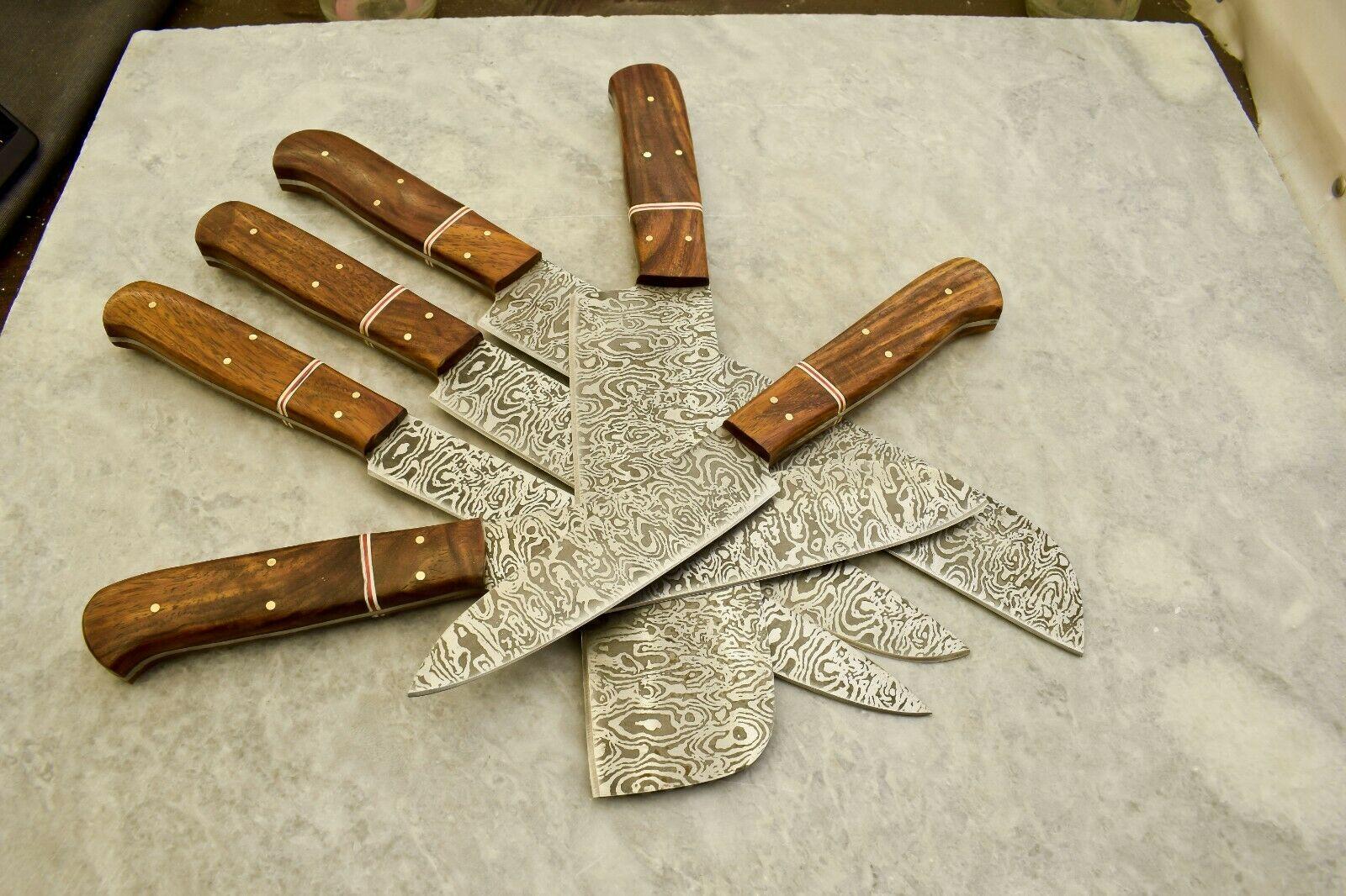 Handmade Damascus Etching Blade 5Piece Chef Knife Kitchen Set 1