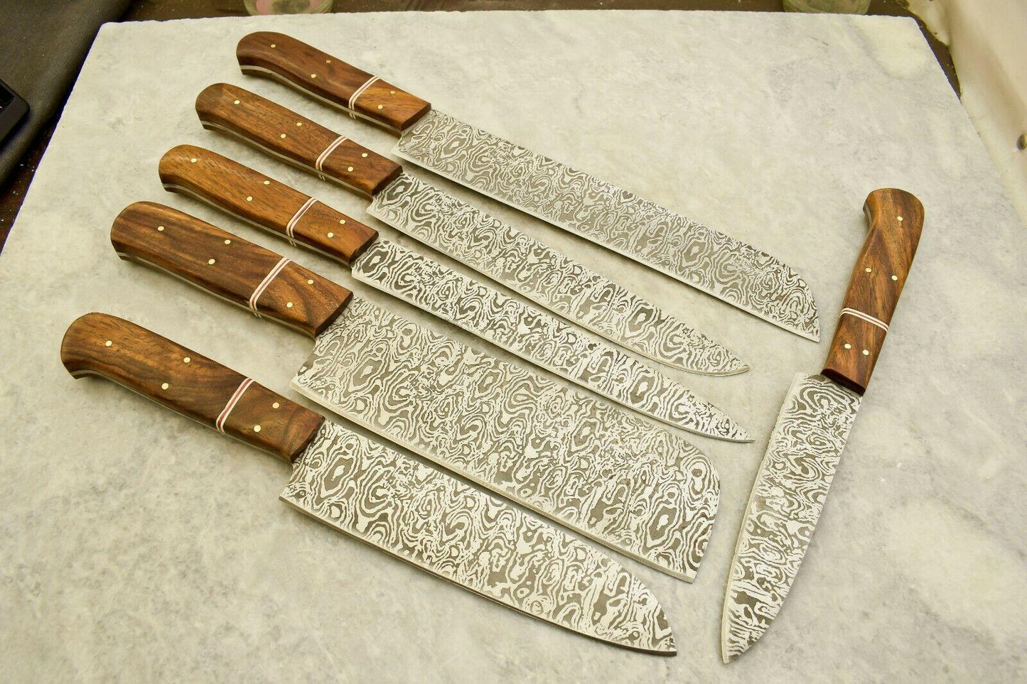 Handmade Damascus Etching Blade 5Piece Chef Knife Kitchen Set 2