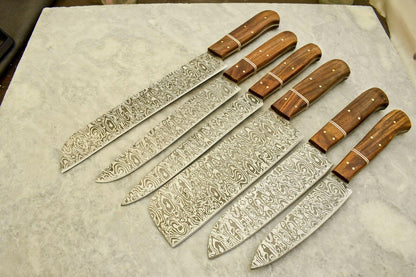 Handmade Damascus Etching Blade 5-Piece Chef Knife Kitchen Set