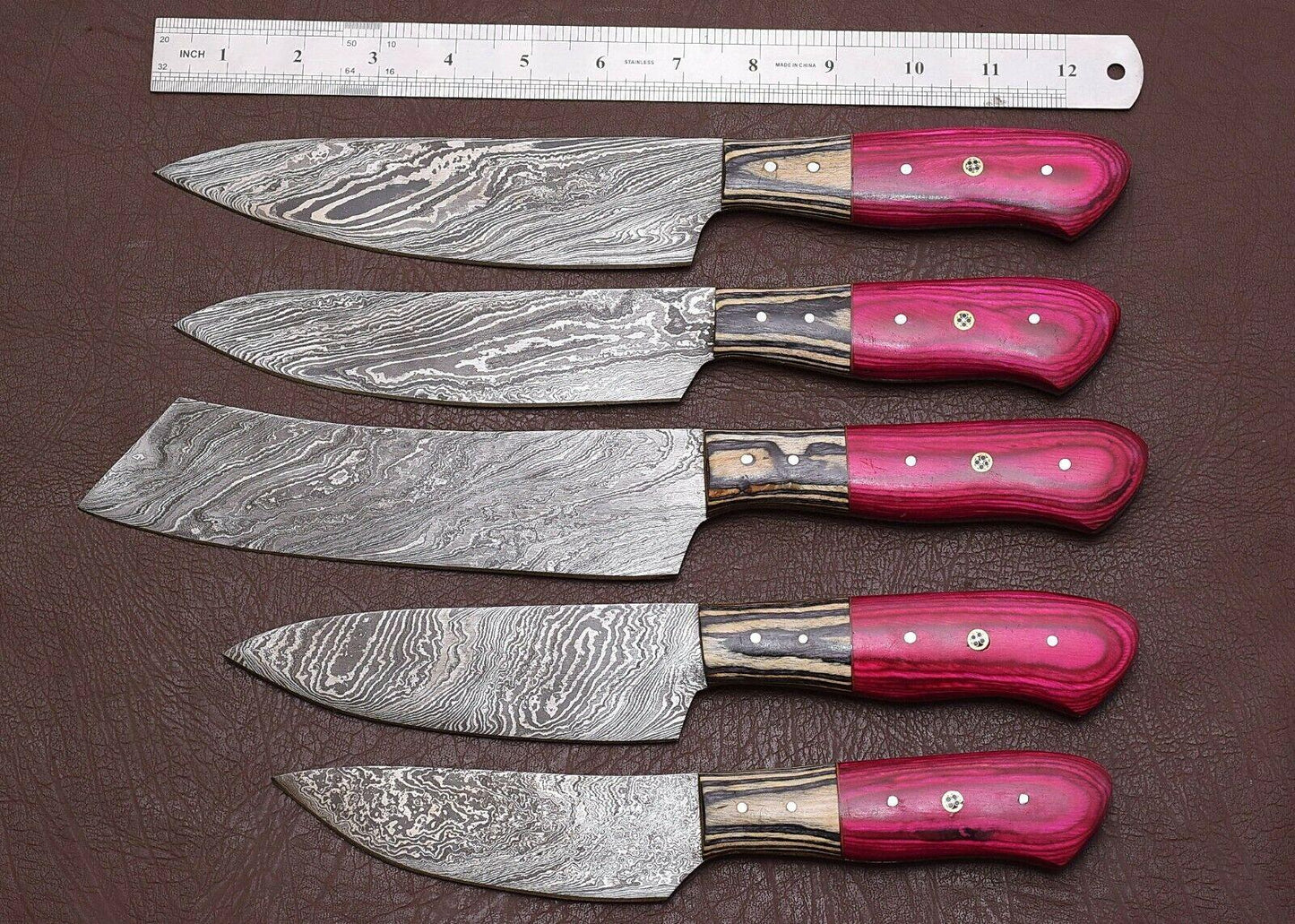 Handmade Damascus Chef Knife Kitchen Set With Pakka Wood Handle  Sheath 2