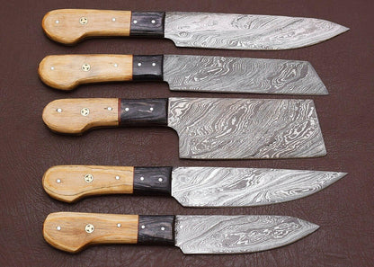 Professional Damascus Chef Knives Set with Leather Sheath