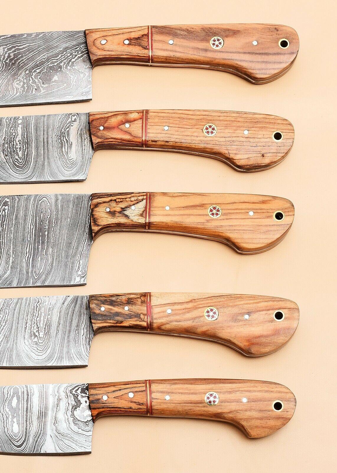 Custom Handmade Damascus Kitchen Knife Set With Leather Sheath 2