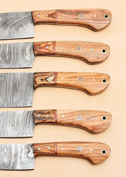 Custom Handmade Damascus Kitchen Knife Set With Leather Sheath 2