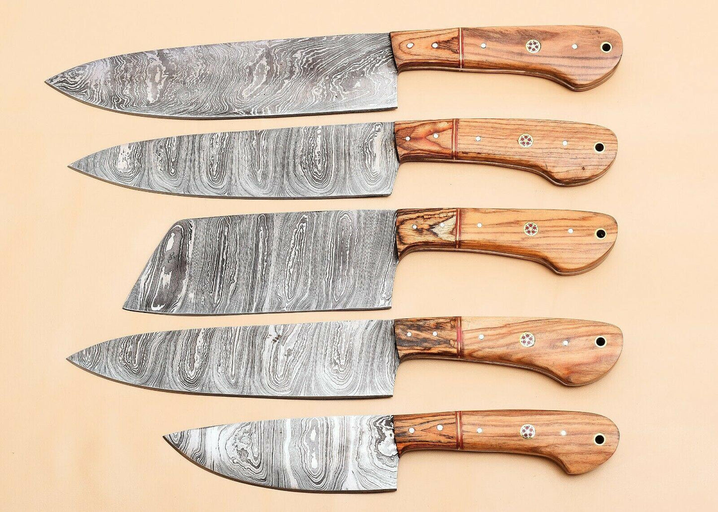 Custom Handmade Damascus Kitchen Knife Set With Leather Sheath 1