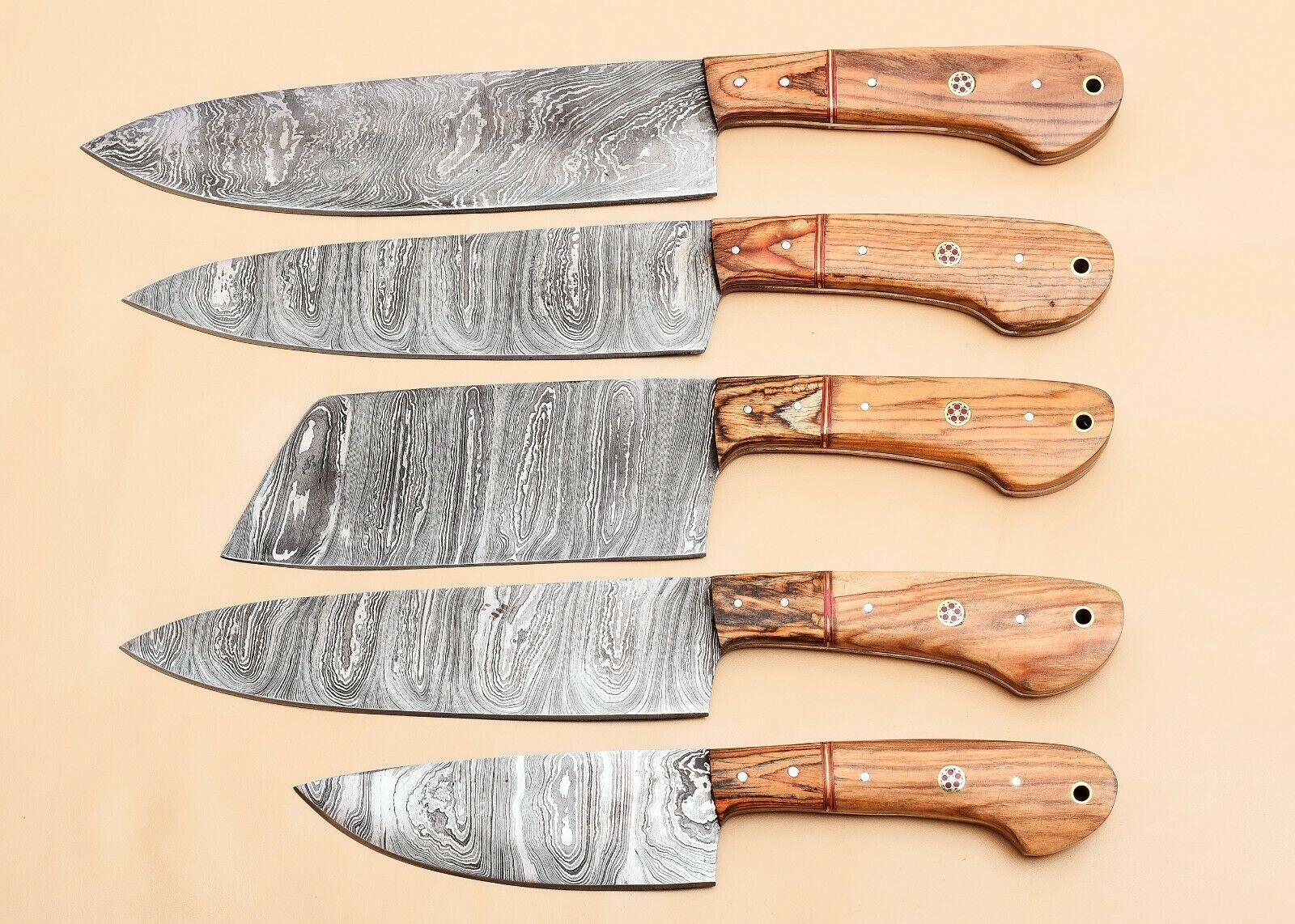 Custom Handmade Damascus Kitchen Knife Set With Leather Sheath 1