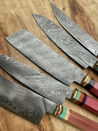 Handmade Damascus Steel Chef Knife Set With Leather Bag  Kitchen Knives 2