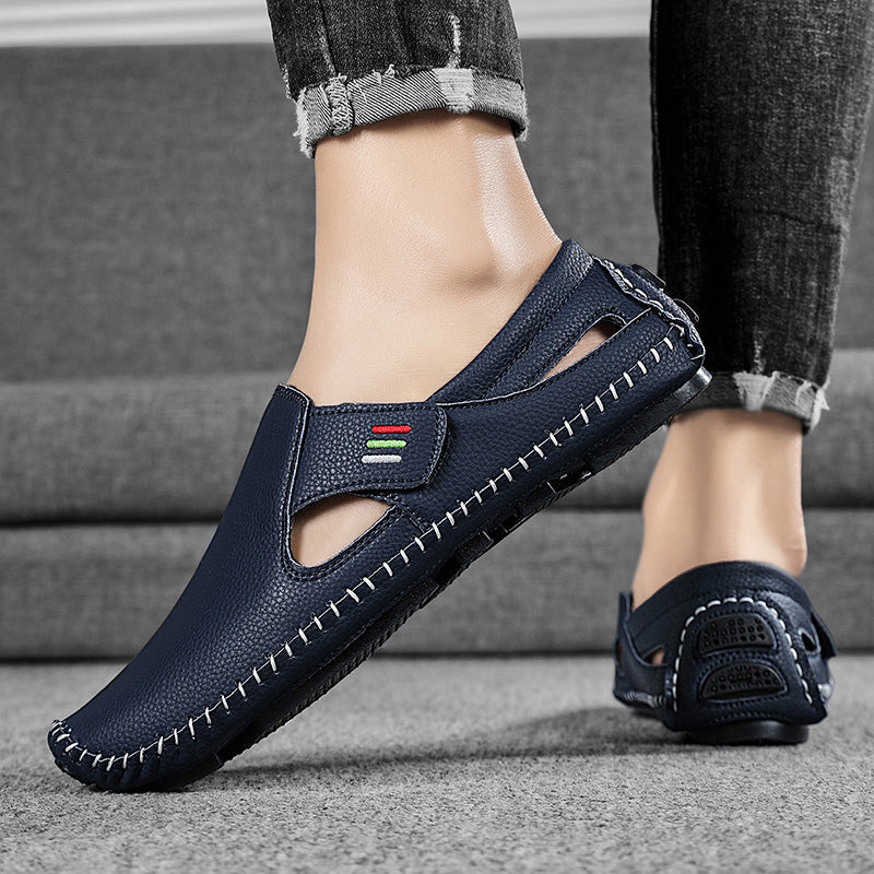 Mens Hollowed Out Leather Loafers Summer Casual Shoes Hand Sewn Driving Shoes Luxo Facon Style Foot 2