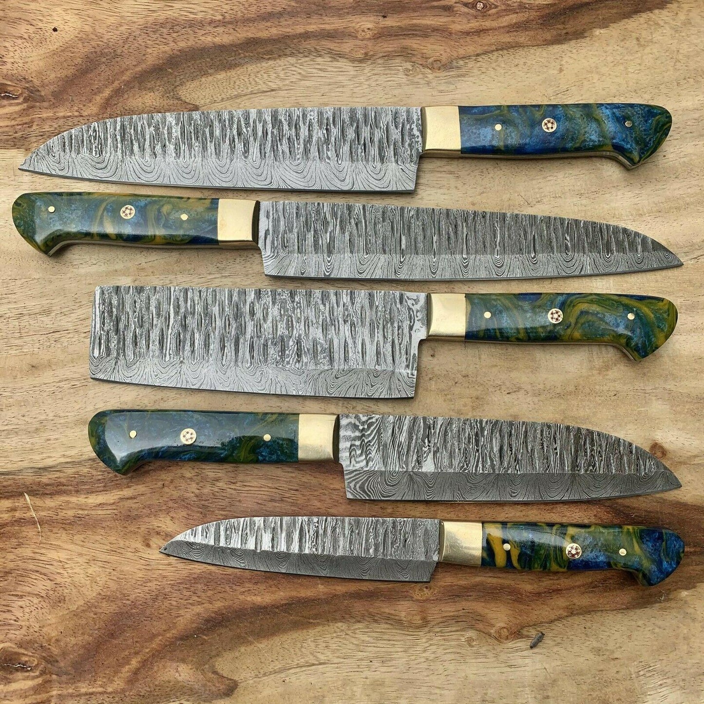 Professional 5Piece Damascus Kitchen Knife Set  Resin Handle Design 1