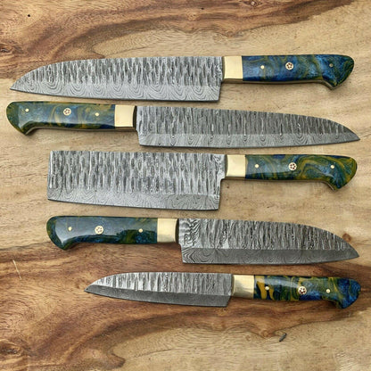 Professional 5Piece Damascus Kitchen Knife Set  Resin Handle Design 1