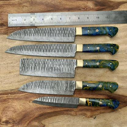 Professional 5Piece Damascus Kitchen Knife Set  Resin Handle Design 2