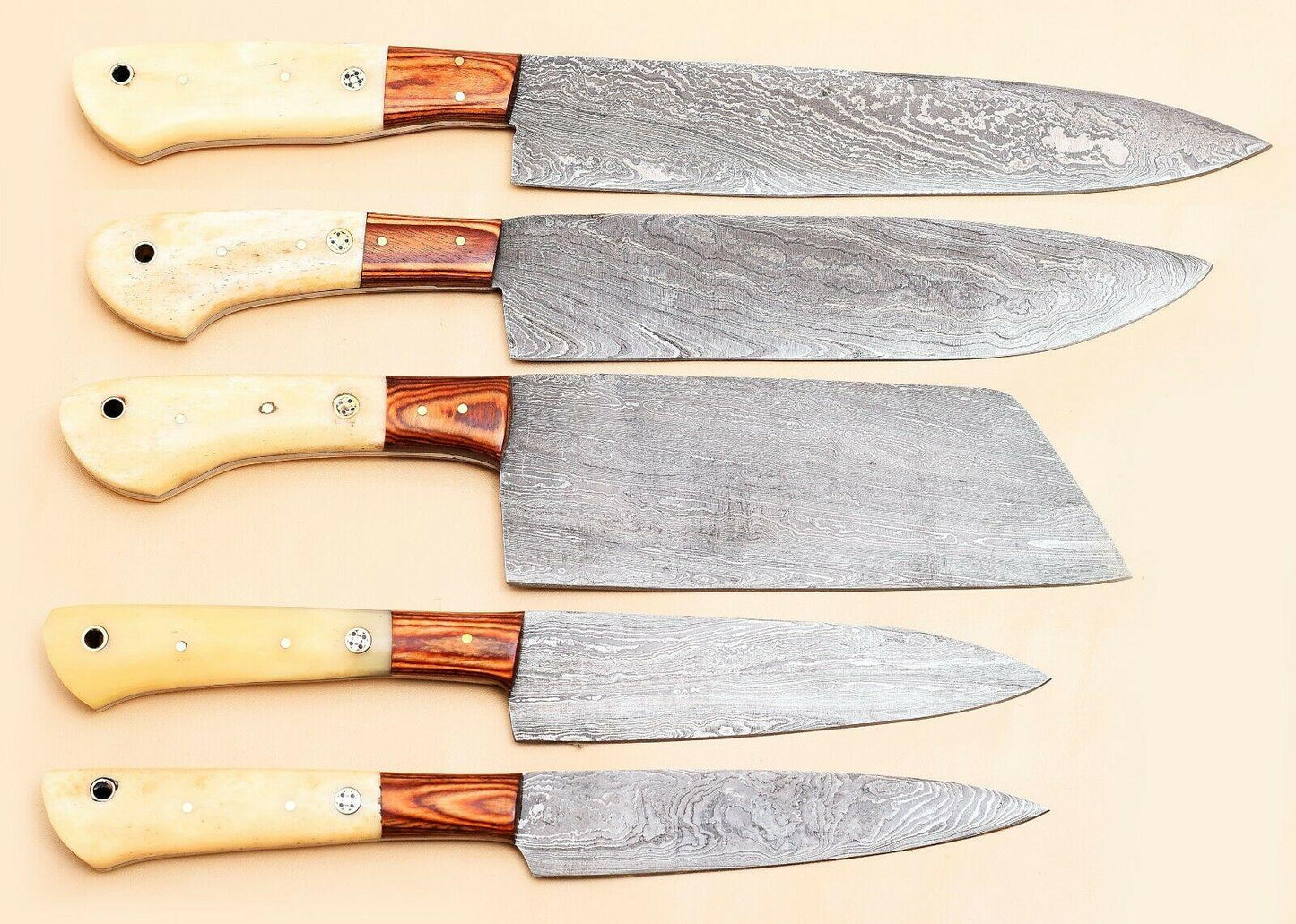 Handmade Damascus Steel Chef Knife Set of 5 with Bone Handle