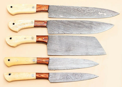 Handmade Damascus Steel Chef Knife Set of 5 with Bone Handle