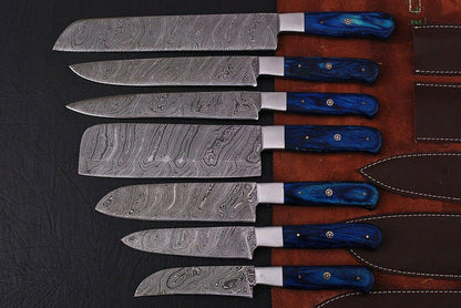 Damascus Handmade 7 Piece Chef Knife Set with Leather Kit