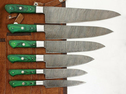 Handmade Damascus Steel 6 Piece Kitchen Chef Knife Set with Wood Handle