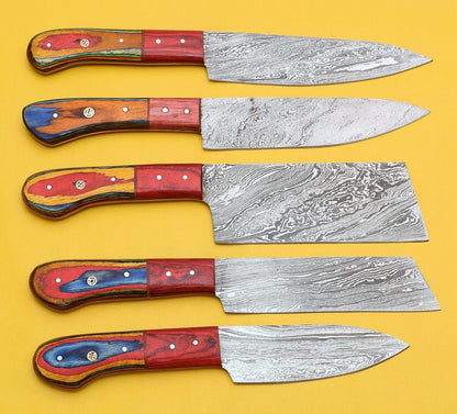 Handmade Damascus Steel Chef Knife Set with Elegant Pakka Wood Handles
