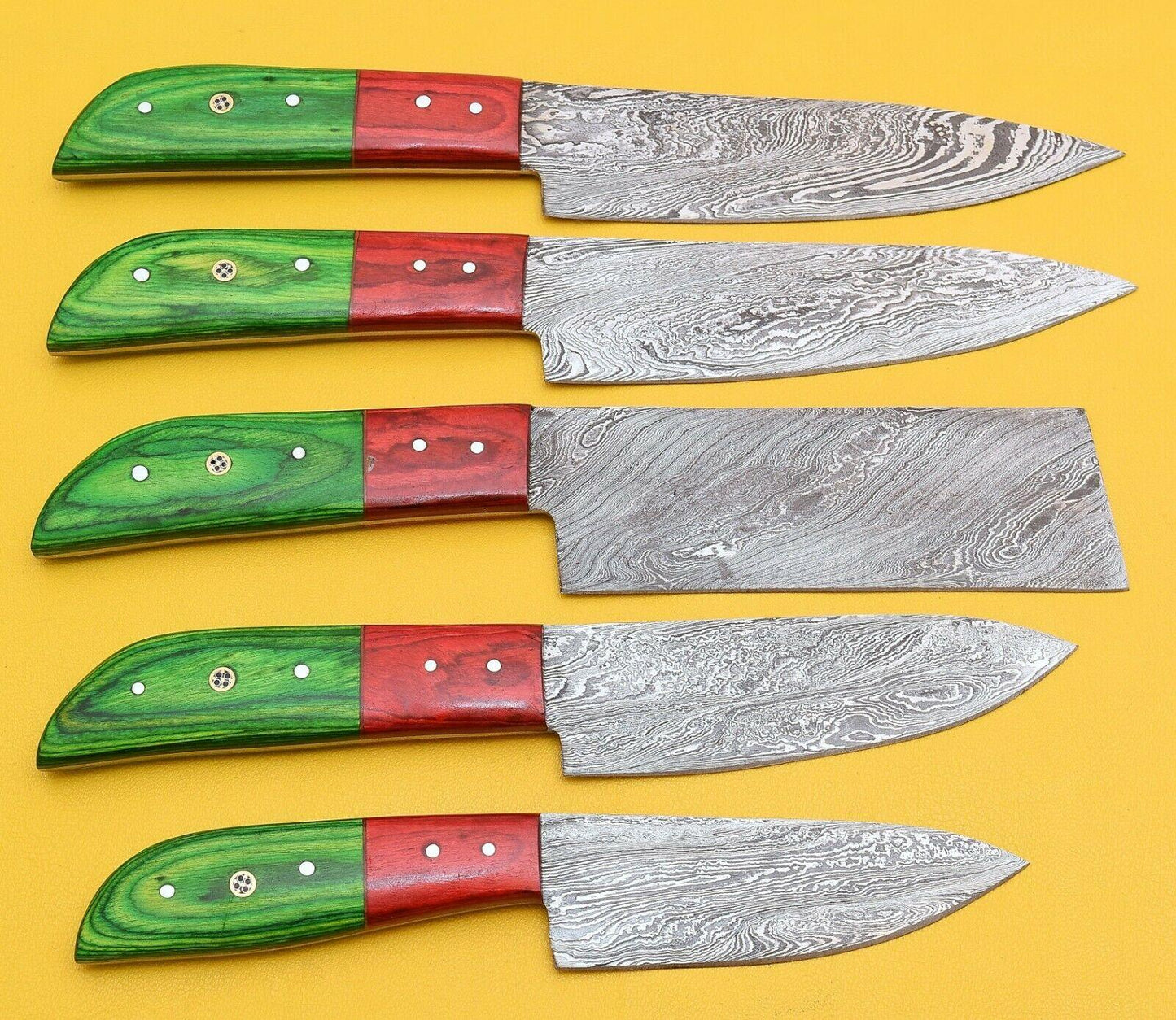 Damascus Steel Chef Knives Set | Handmade Kitchen Knives with Pakka Wood