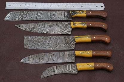Custom Damascus Steel Kitchen Knives Set  Pakka Wood Chef Knife Collection 2