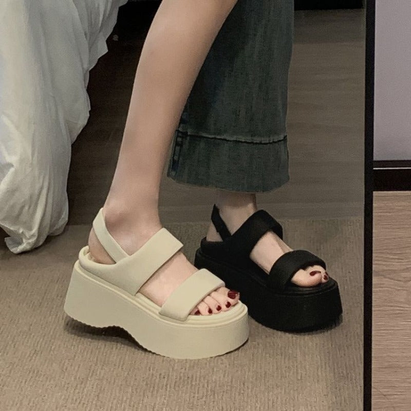 Womens Summer Chunky Sandals, Wedge Heel Slides, Leather Thick Bottom Casual Flip Flops, Beach Platform Shoes