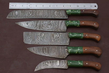 Handmade Damascus Steel Chef Knives Set | Kitchen Knife Set with Pakka Wood Handles