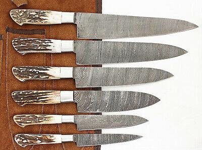 Custom Damascus Steel 6 Pc Kitchen Chef Knife Set With Stag Handles 1
