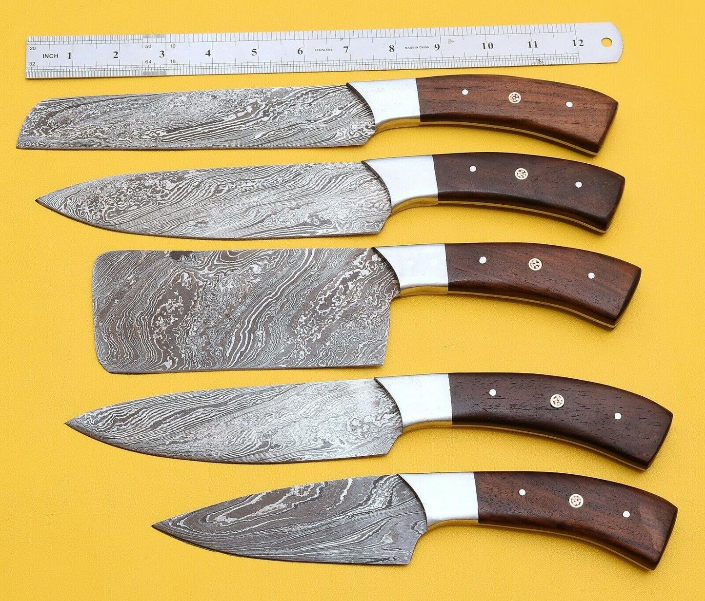 Handmade Damascus Steel Chef Knife Set  Rose Wood Handle Kitchen Knives 1
