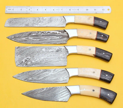 Handmade Damascus Steel Chef Knife Set  Bone Handle Kitchen Knives 1