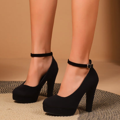 Sexy Super High Heels Shoes for Women, Black Flock Chunky Platform Pumps, Square Heel Ankle Buckle Party Shoes