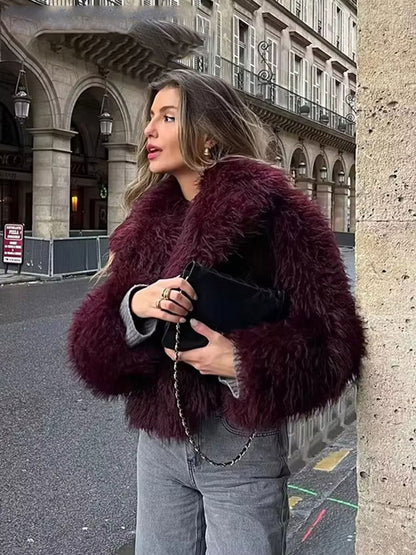 Elegant Women's Faux Fur Coat, Warm Fluffy Jacket, Long Sleeve Lapel Outerwear, Loose High Street Fashion for Autumn