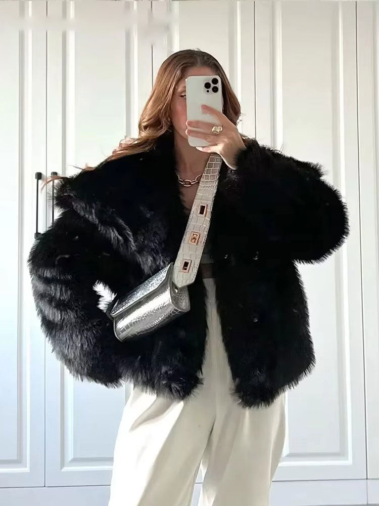 Elegant Women's Faux Fur Coat, Warm Fluffy Jacket, Long Sleeve Lapel Outerwear, Loose High Street Fashion for Autumn