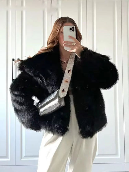 Elegant Women's Faux Fur Coat, Warm Fluffy Jacket, Long Sleeve Lapel Outerwear, Loose High Street Fashion for Autumn