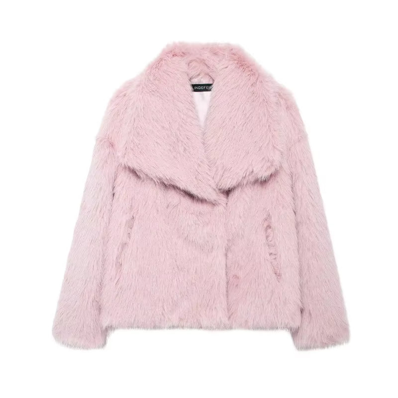 Elegant Women's Faux Fur Coat, Warm Fluffy Jacket, Long Sleeve Lapel Outerwear, Loose High Street Fashion for Autumn