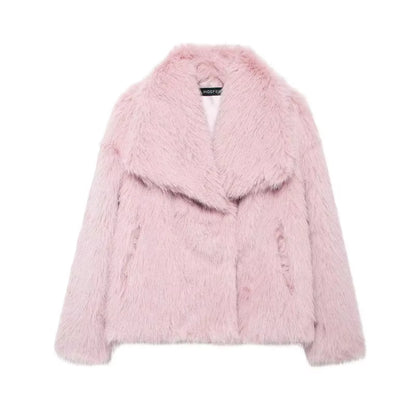 Elegant Women's Faux Fur Coat, Warm Fluffy Jacket, Long Sleeve Lapel Outerwear, Loose High Street Fashion for Autumn