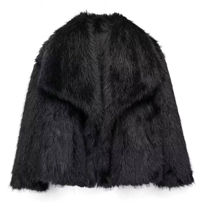Elegant Women's Faux Fur Coat, Warm Fluffy Jacket, Long Sleeve Lapel Outerwear, Loose High Street Fashion for Autumn
