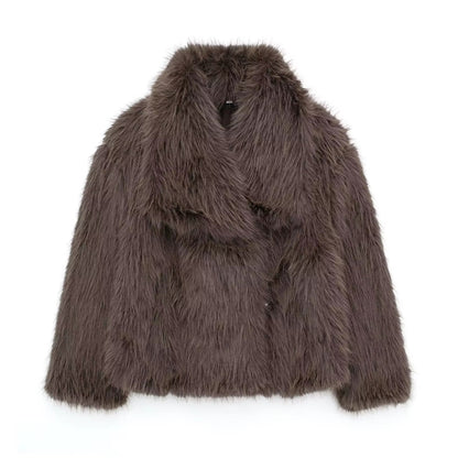 Elegant Women's Faux Fur Coat, Warm Fluffy Jacket, Long Sleeve Lapel Outerwear, Loose High Street Fashion for Autumn