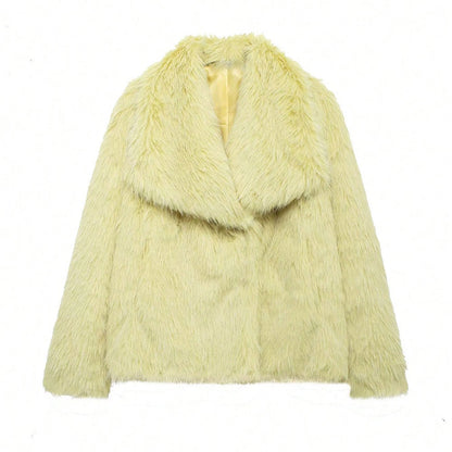 Elegant Women's Faux Fur Coat, Warm Fluffy Jacket, Long Sleeve Lapel Outerwear, Loose High Street Fashion for Autumn