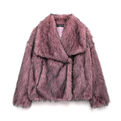 Elegant Women's Faux Fur Coat, Warm Fluffy Jacket, Long Sleeve Lapel Outerwear, Loose High Street Fashion for Autumn