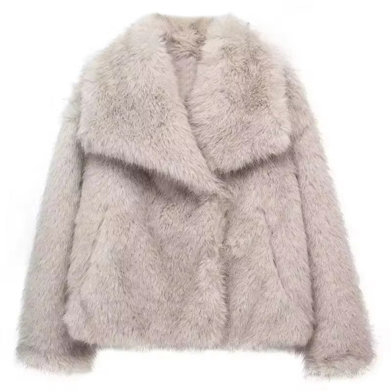 Elegant Women's Faux Fur Coat, Warm Fluffy Jacket, Long Sleeve Lapel Outerwear, Loose High Street Fashion for Autumn