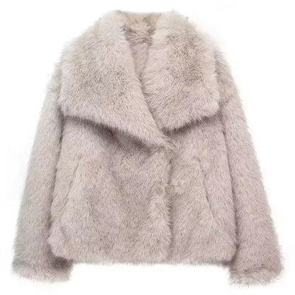 Elegant Women's Faux Fur Coat, Warm Fluffy Jacket, Long Sleeve Lapel Outerwear, Loose High Street Fashion for Autumn