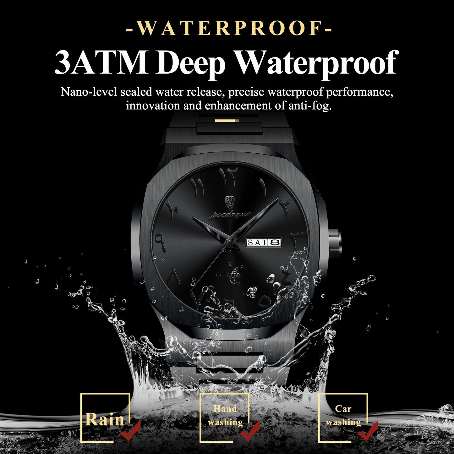 Mens Military Style Watch with Weekday Calendar and Waterproof Design