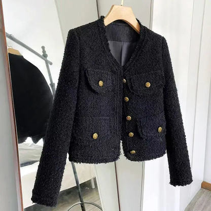 Elegant Socialite Black Tweed Cropped Jacket, Thin Spring Autumn Top, New Long Sleeve Crew Neck