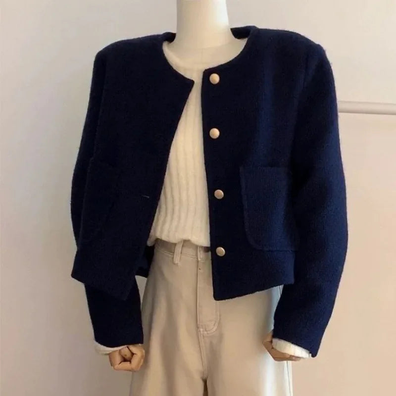 Vintage Style Tweed Jacket, Purplish Blue French Elegance, Round Neck Spring Autumn Outerwear