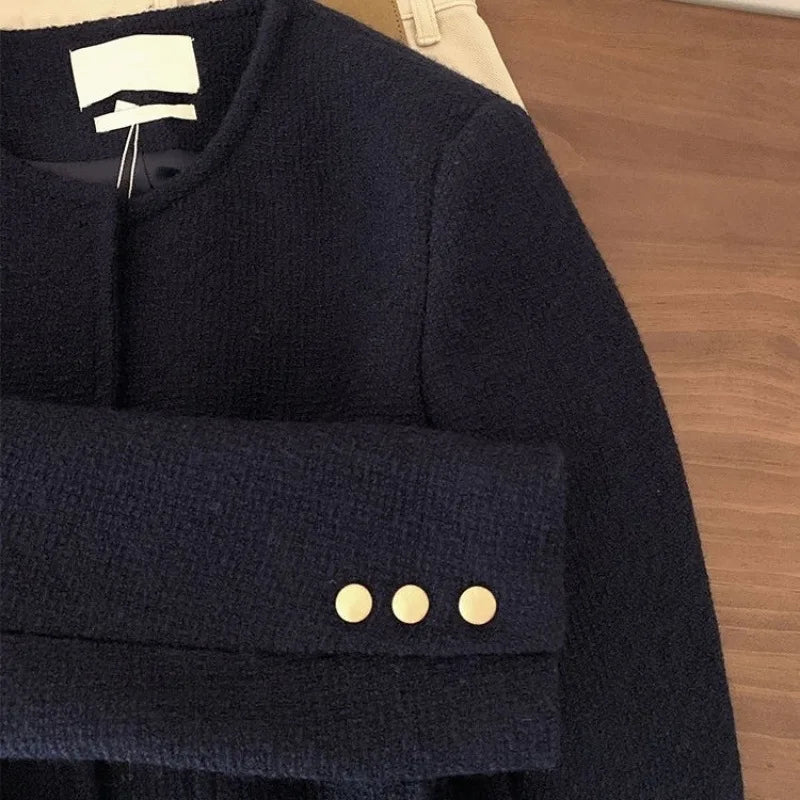 Vintage Style Tweed Jacket, Purplish Blue French Elegance, Round Neck Spring Autumn Outerwear